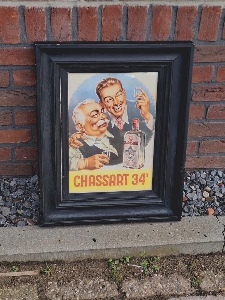Oude Chassart reclame poster in lijst., Ophalen, Gebruikt, Reclamebord