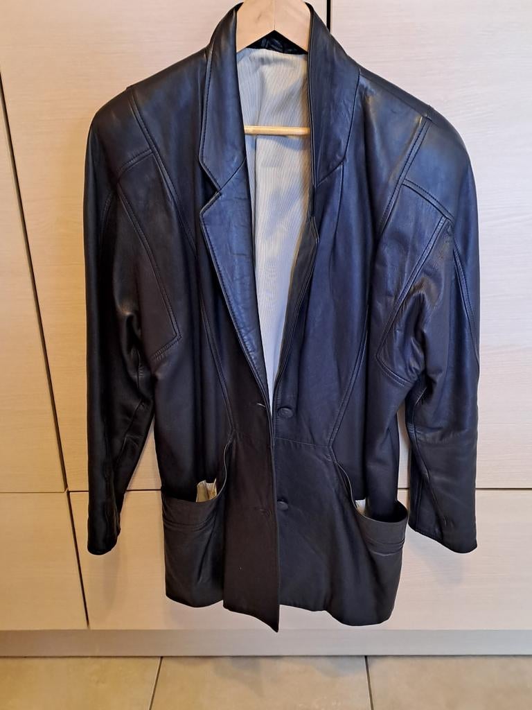 Donkerblauwe lederen damesjas m42, Enlèvement, Comme neuf, Taille 42/44 (L)