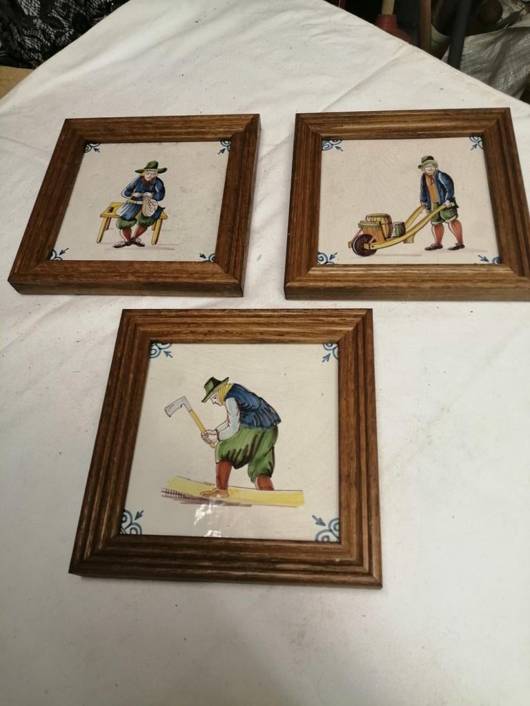 3 Hollandse tegels, handbeschilderd, oude beroepen, Antiek en Kunst, Ophalen