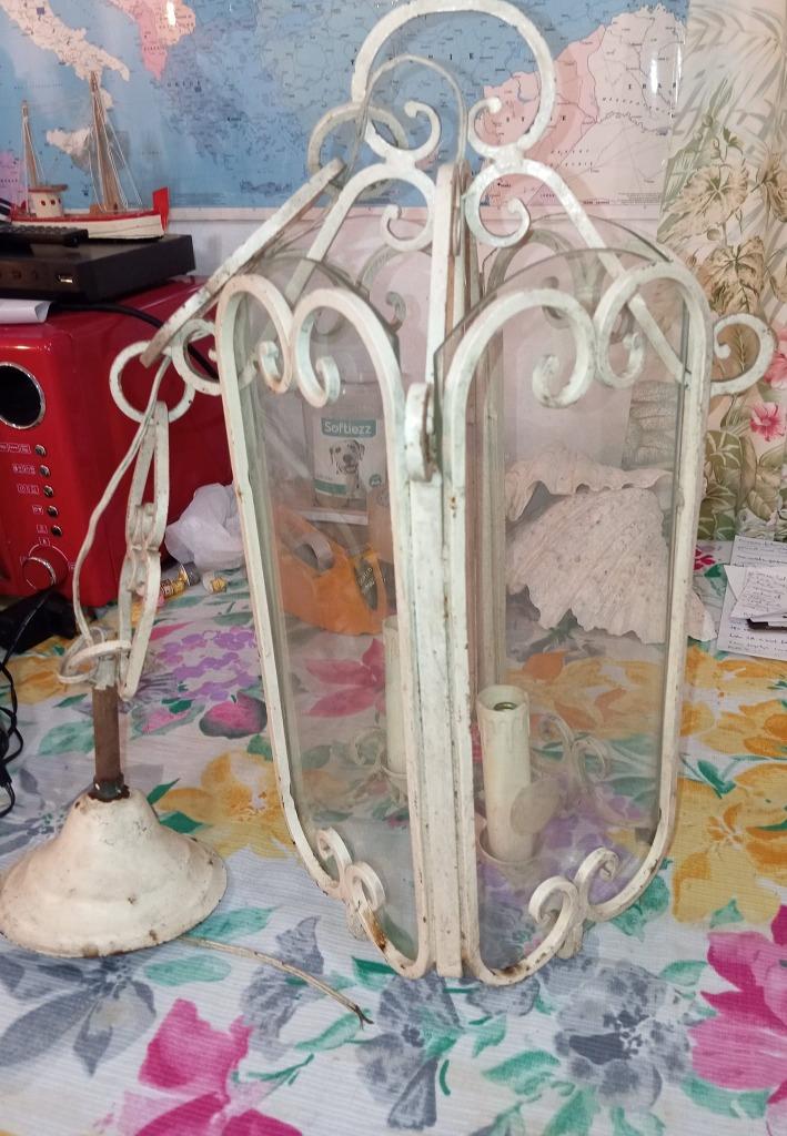 antiek-vintage luster luchter in smeedwerk met glas, Ophalen, Zo goed als nieuw, Glas