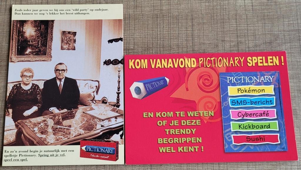 2 postkaarten: Pictionary, Verzamelen, Postkaarten | Themakaarten, Ophalen of Verzenden, 1980 tot heden, Ongelopen, Sport en Spel