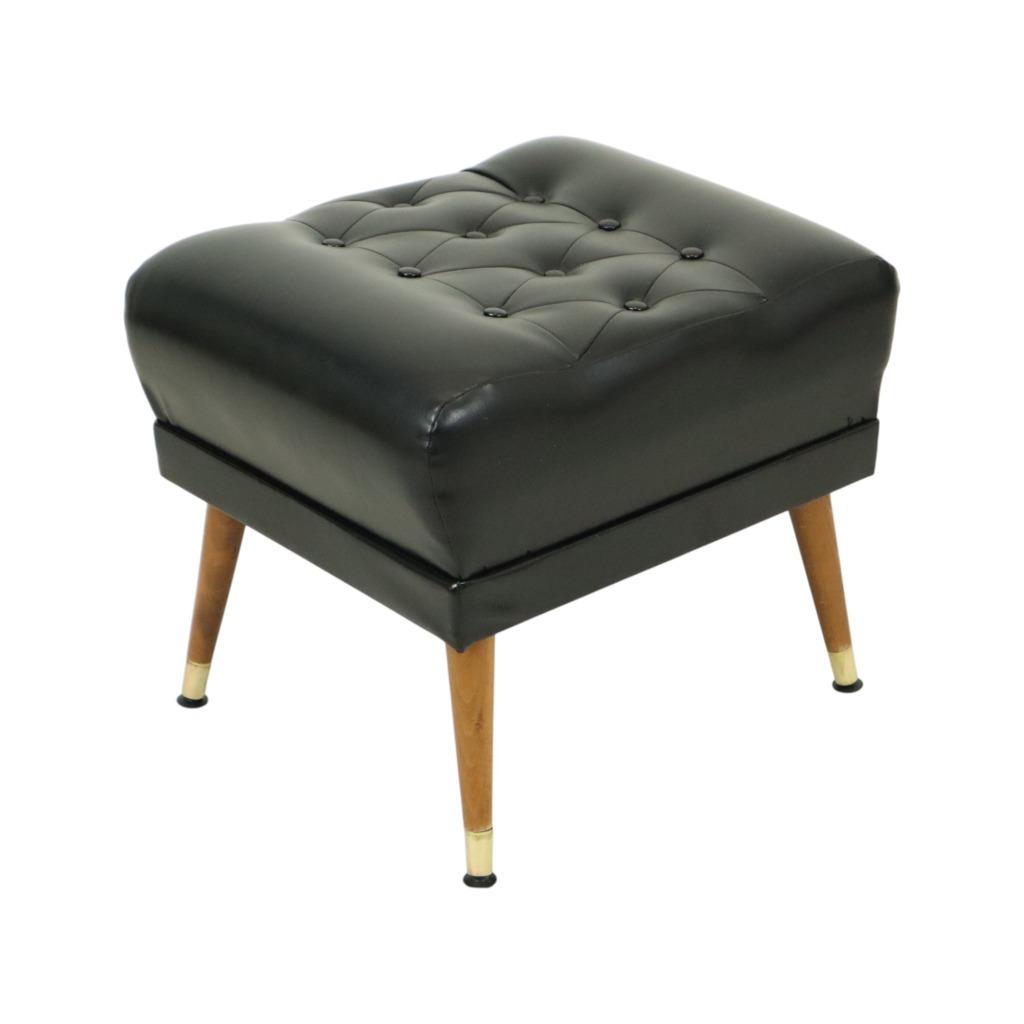 Vintage Zwarte Poef Conische Pootjes Chesterfield Stijl Skai, Ophalen of Verzenden