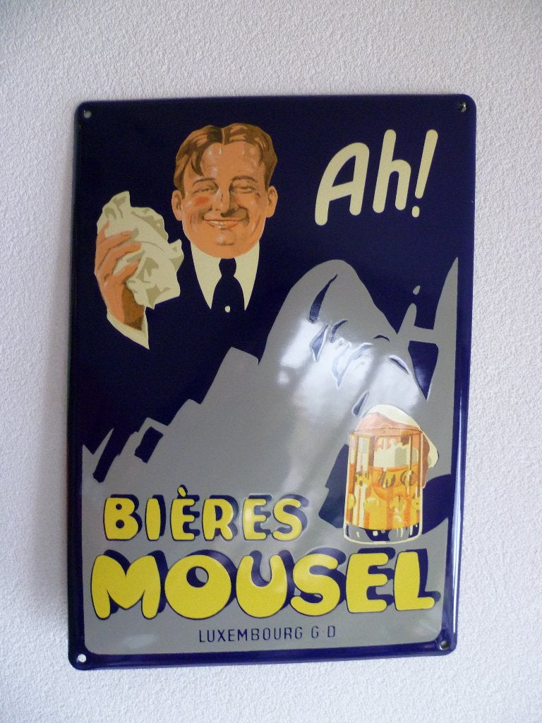EMAILLE RECLAMEBORD"BIERES MOUSEL"UIT JAREN 1999/2000, Ophalen of Verzenden, Zo goed als nieuw, Reclamebord