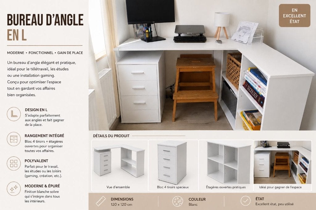 Bureau, 120 cm, 100 cm, Comme neuf, Bois
