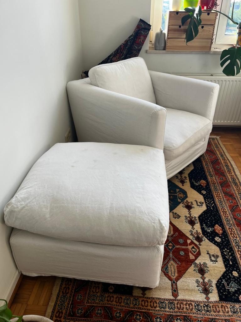 Linteloo fauteuil en poef, Ophalen, Gebruikt, Eenpersoons, Stof