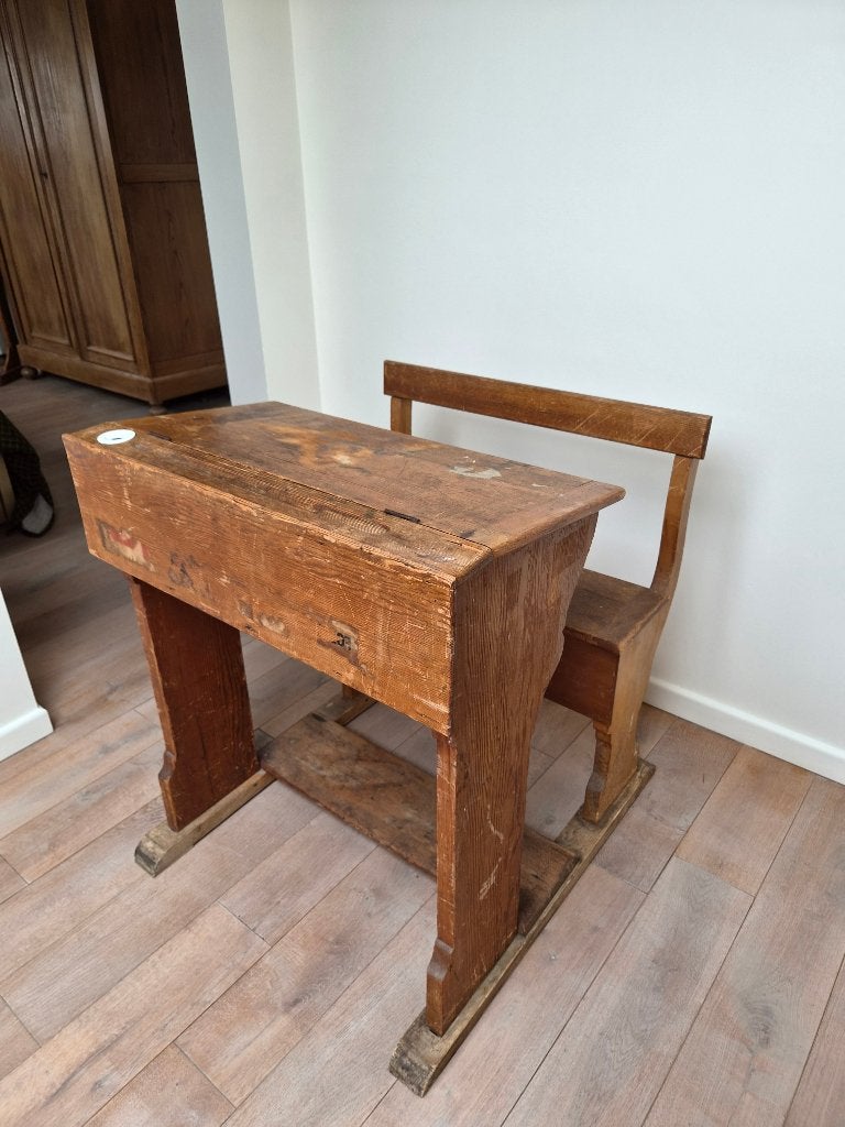 Ancien banc d'école en bois authentique avec chaise —vintage, Antiquités & Art, Enlèvement