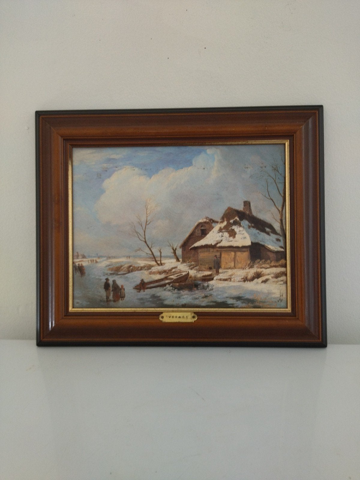 Tableau reproduction vintage "Scène d'hiver hollandaise", Antiquités & Art, Enlèvement ou Envoi, Paysage, Toile, Encadré