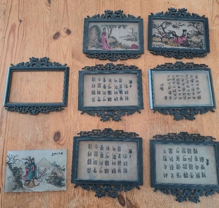 Set Chinese houten panelen met glasillustratie, Ophalen
