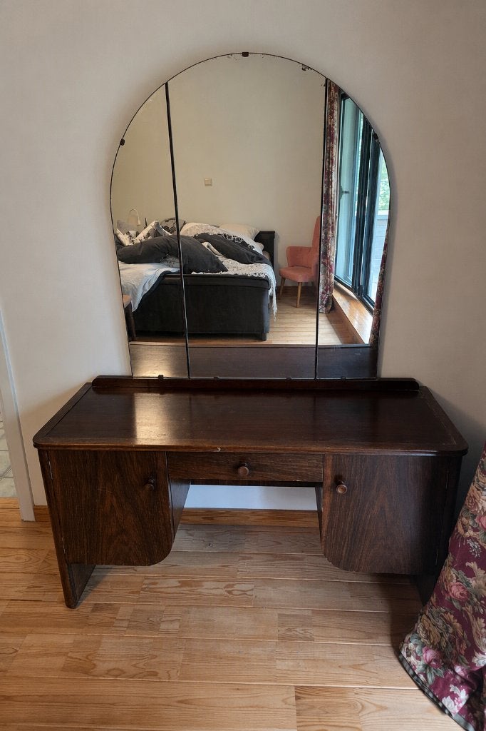 Vintage kaptafel met drieluik spiegel - Art Deco stijl, Antiquités & Art, Antiquités | Miroirs, Enlèvement, Rectangulaire, 100 à 150 cm