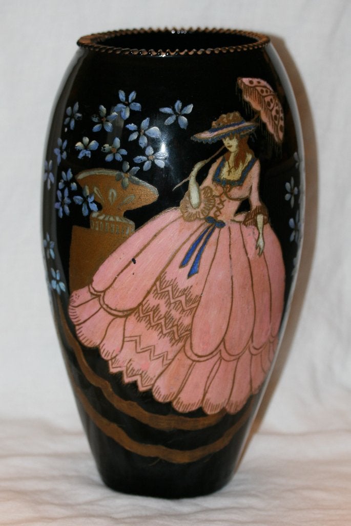 Antieke Grote vaas - Glas, handgeschilderd, Ophalen of Verzenden