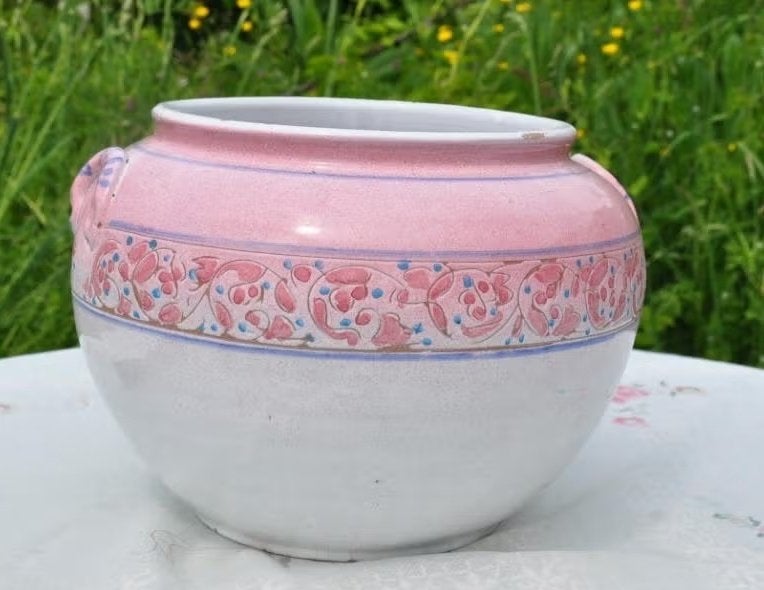 cache pot en gres emaillé rose et blanc, Tuin en Terras, Gebruikt, Rond, Ophalen of Verzenden, Binnen