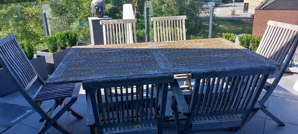 table de jardin et chaises en teck, Jardin & Terrasse, Enlèvement, Utilisé, Rectangulaire, Bois