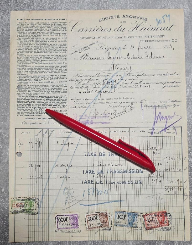 Carrières du hainaut+Soignies+ancienne facture+Fiscaux, Collections, Cartes postales | Belgique, Enlèvement, 1940 à 1960, Affranchie