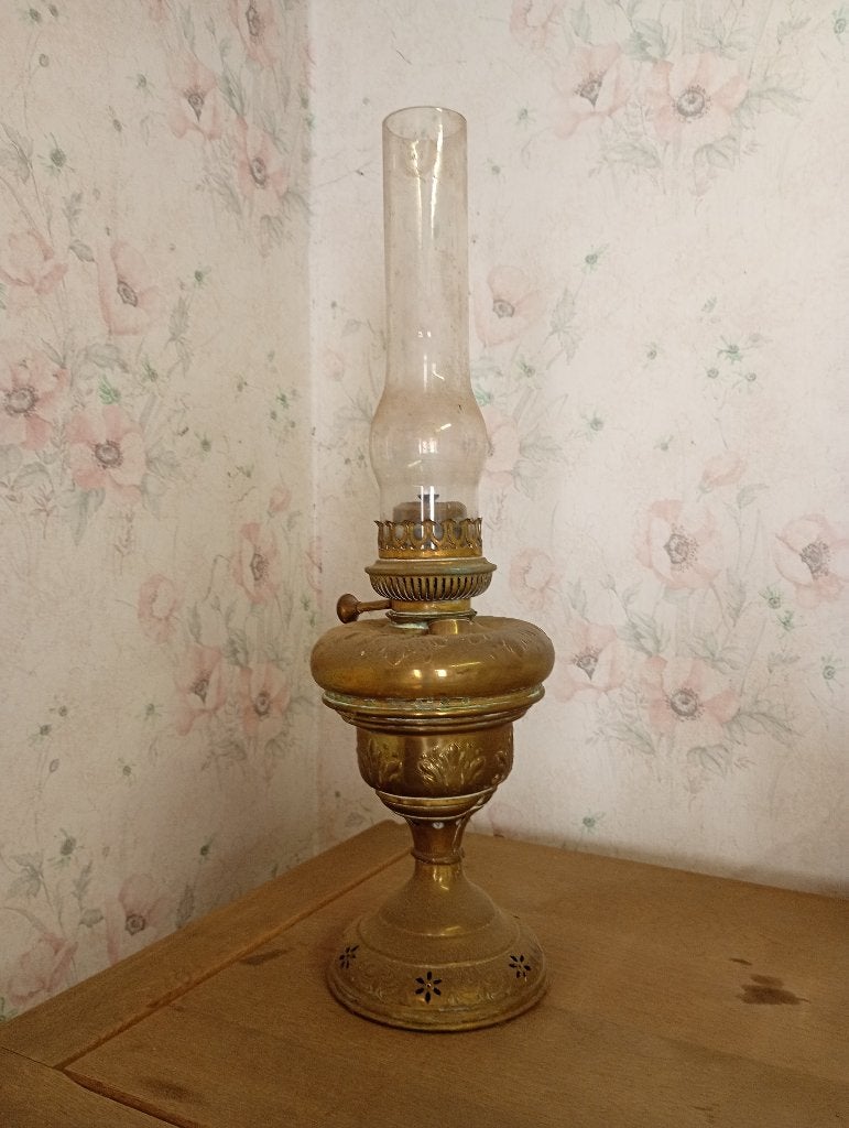Oude koperen olielamp met origineel glas, Antiek en Kunst, Ophalen