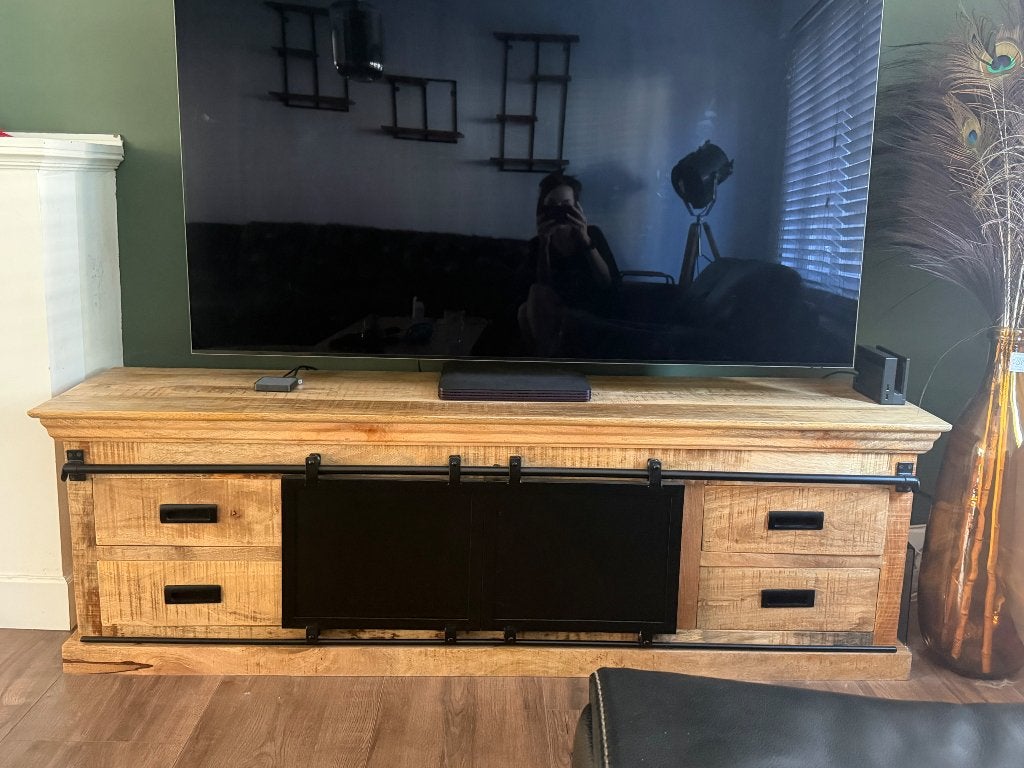 Tv meubel mangohout 180 cm, Ophalen, Gebruikt, 150 tot 200 cm, Minder dan 100 cm