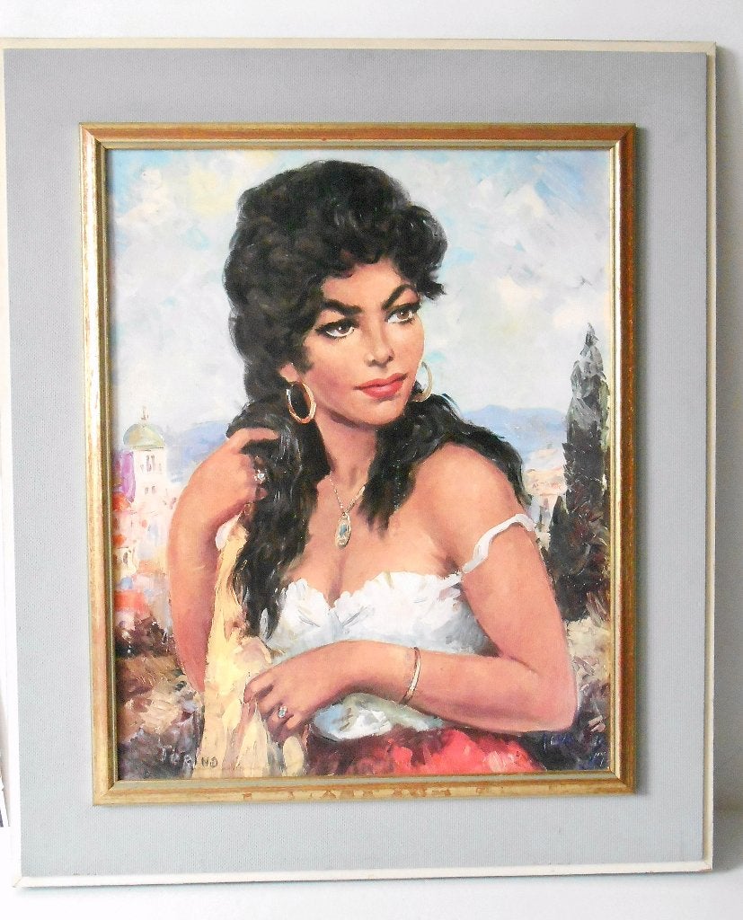 Schilderij van Spaanse schone Tina, Gebruikt, Ingelijst, 57 cm, Schilderij