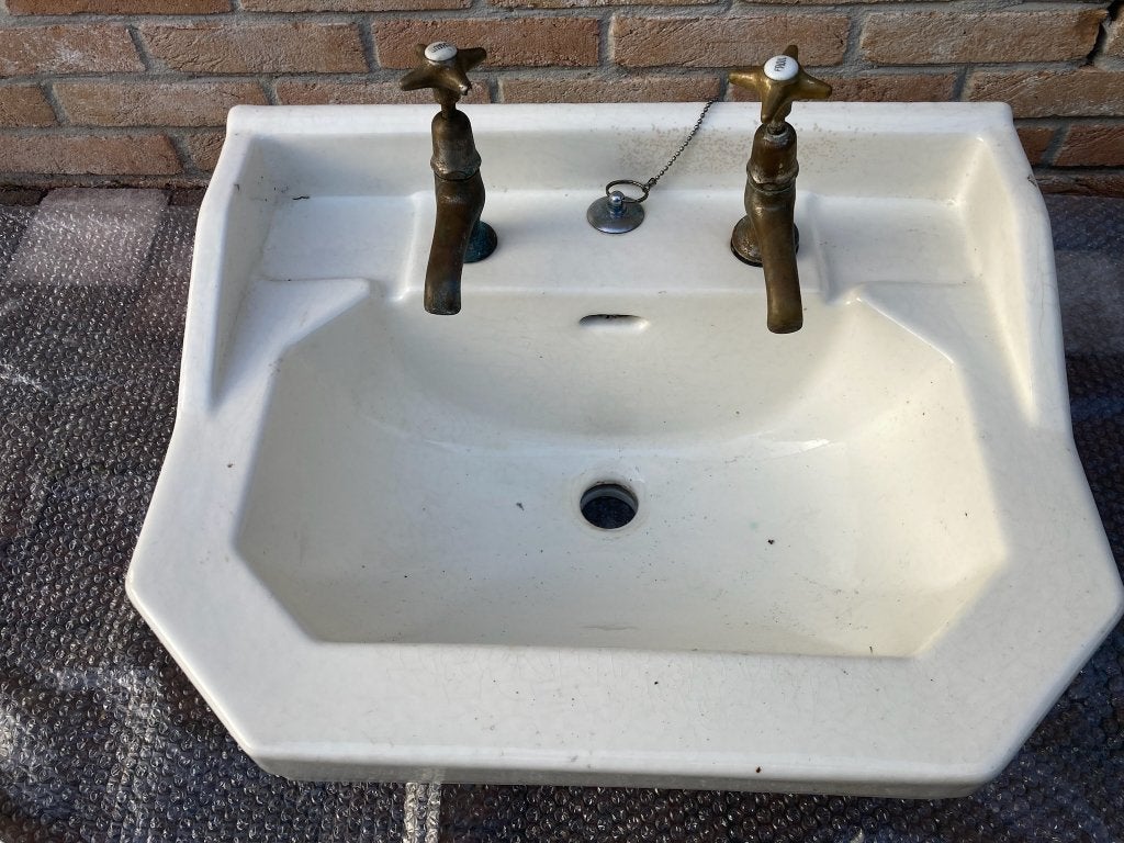 Antieke lavabou met koperen kranen, Doe-het-zelf en Bouw, Ophalen, Gebruikt, Wastafel