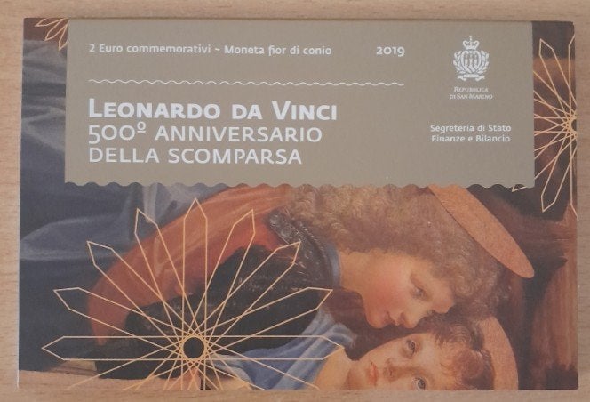 2 euro San Marino 2019 'Leonardo da Vinci' in folder, Postzegels en Munten, Ophalen of Verzenden, San Marino, 2 euro, Setje