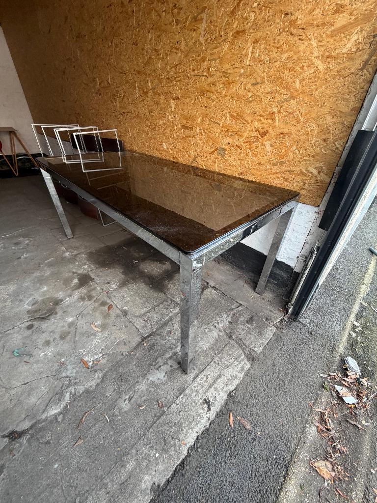 eettafel design, Ophalen, Gebruikt, 100 tot 150 cm, Vintage 80's chroom/fumé glas
