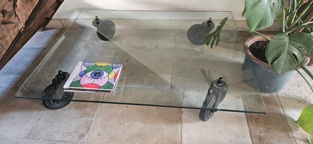 Glazen design salontafel op wielen, Ophalen, Glas