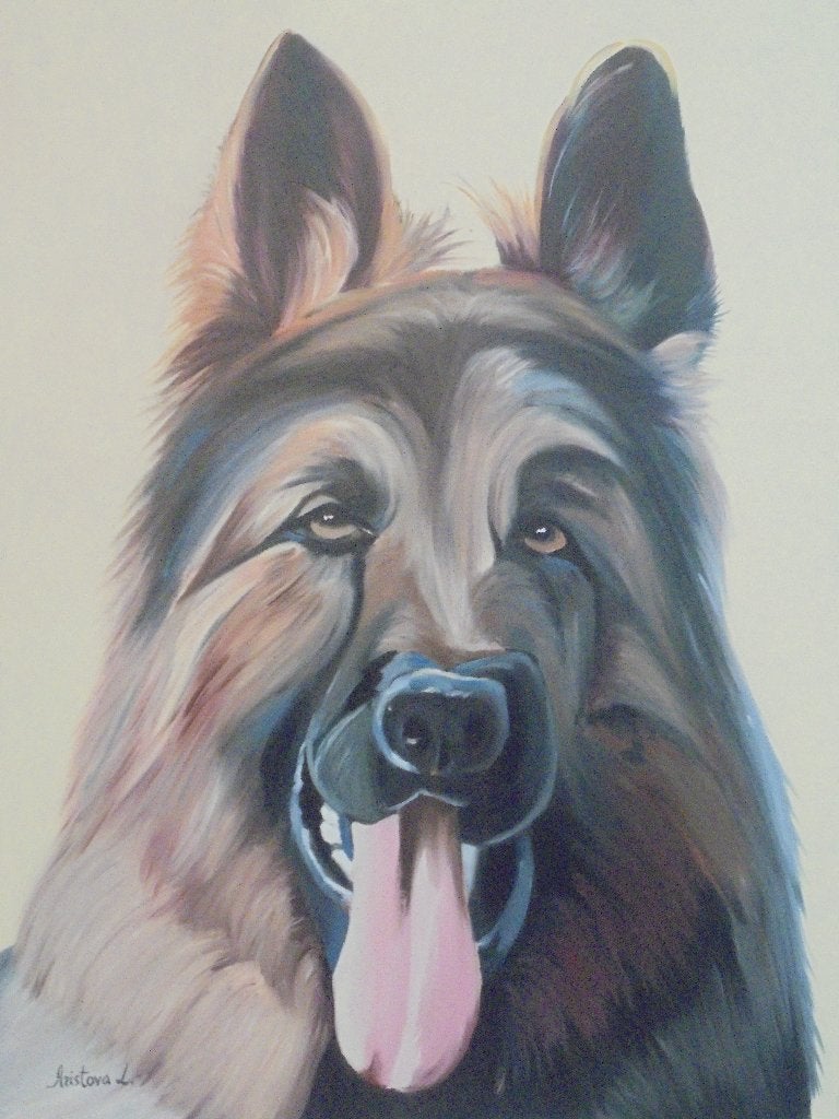 portret Duitse Herder (60 x 80 cm) olieschilderij, Doek, Dieren, Ophalen of Verzenden, Olieverf