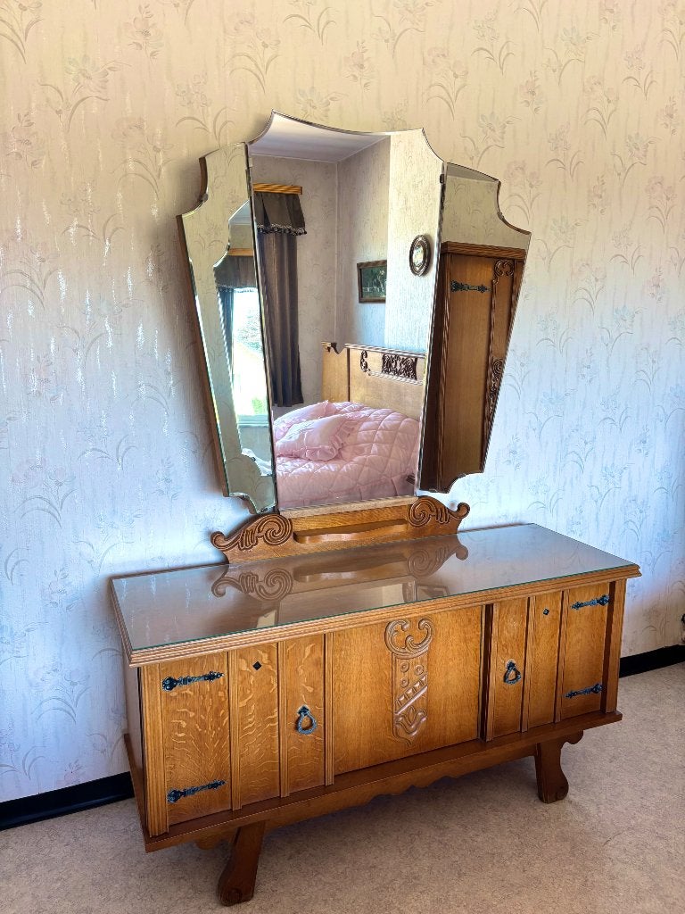 Vintage art deco commode met drieluikspiegel, Huis en Inrichting, Kasten | Dressoirs, Ophalen, 100 tot 150 cm, Eikenhout, Zo goed als nieuw
