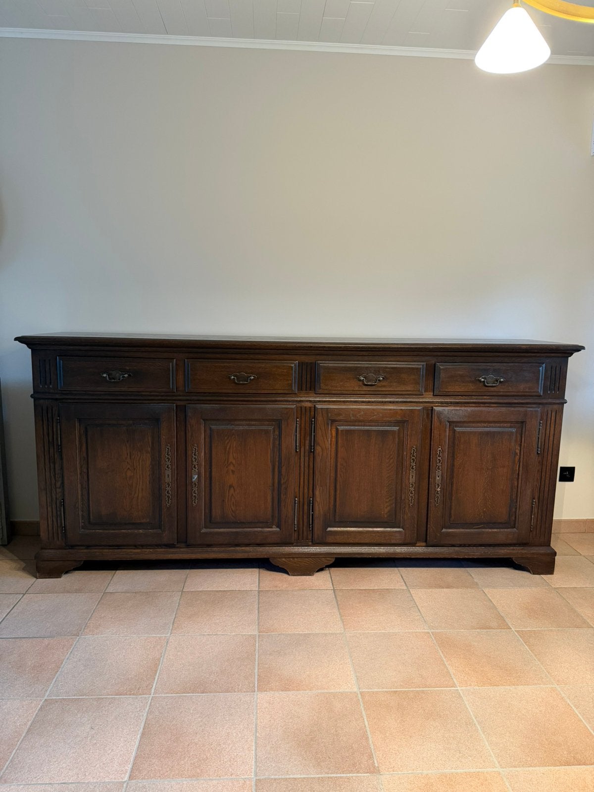 Massief eikenhout dressoir met spiegel, Huis en Inrichting, Gebruikt, Eikenhout, Met lade(s), 200 cm of meer