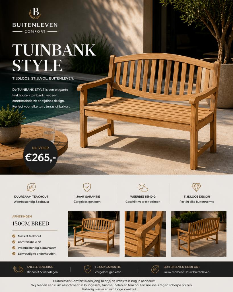 tuinbank type Style, Tuin en Terras, Tuinbanken, Ophalen, Nieuw, Teakhout