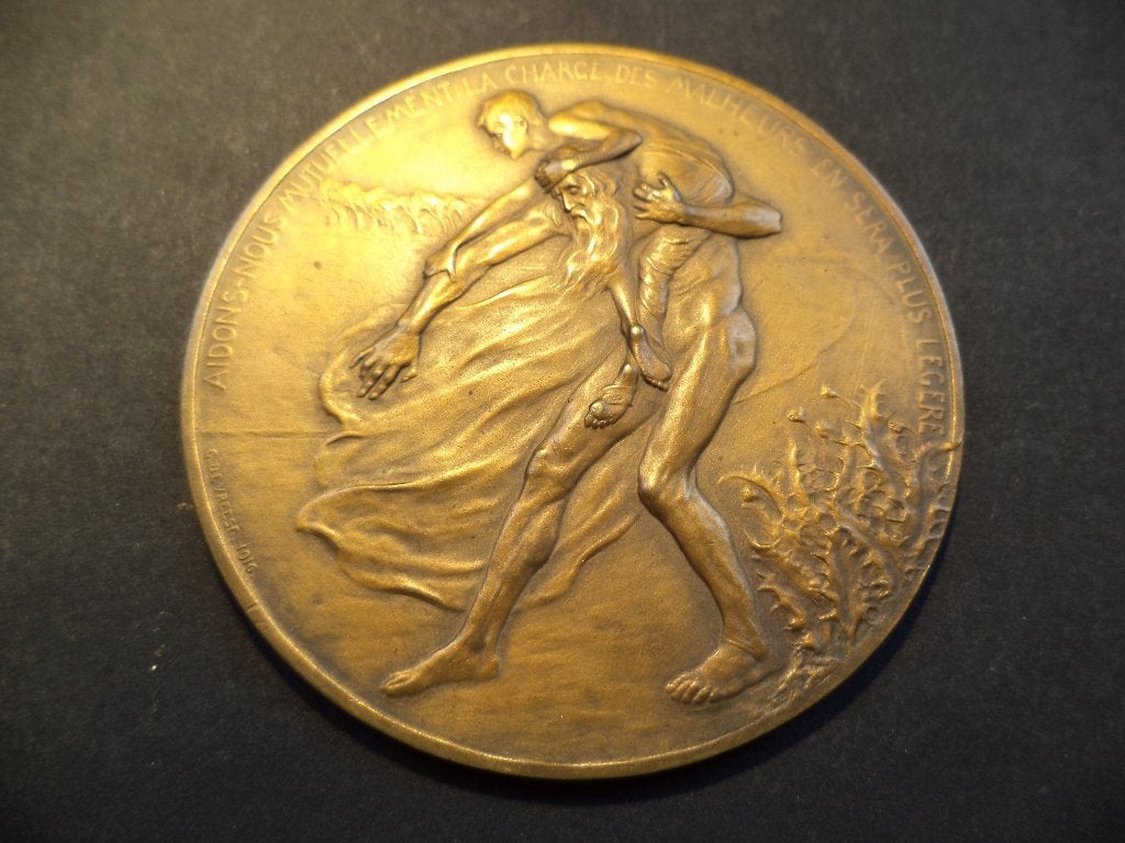 1916 medaille G. DEVREESE Aidons-nous mutuellement 1925, Postzegels en Munten, Penningen en Medailles, Ophalen of Verzenden, Brons