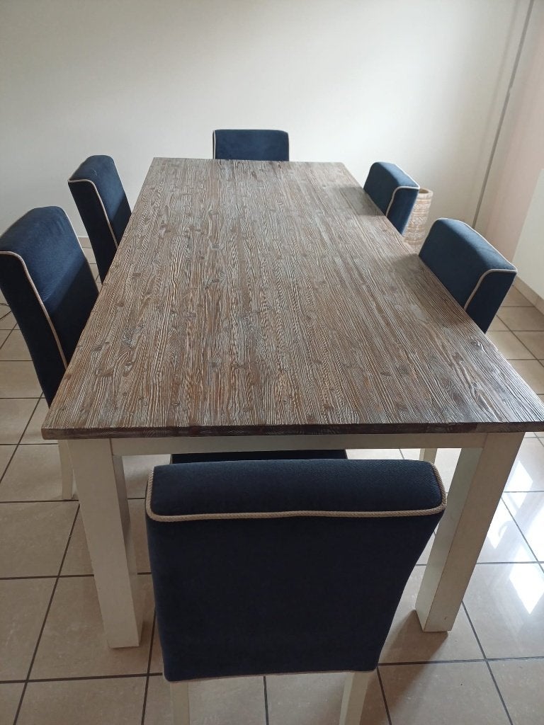 Table de salle à manger en bois avec 6 chaises en velours, Enlèvement, Utilisé, Rectangulaire, 200 cm ou plus