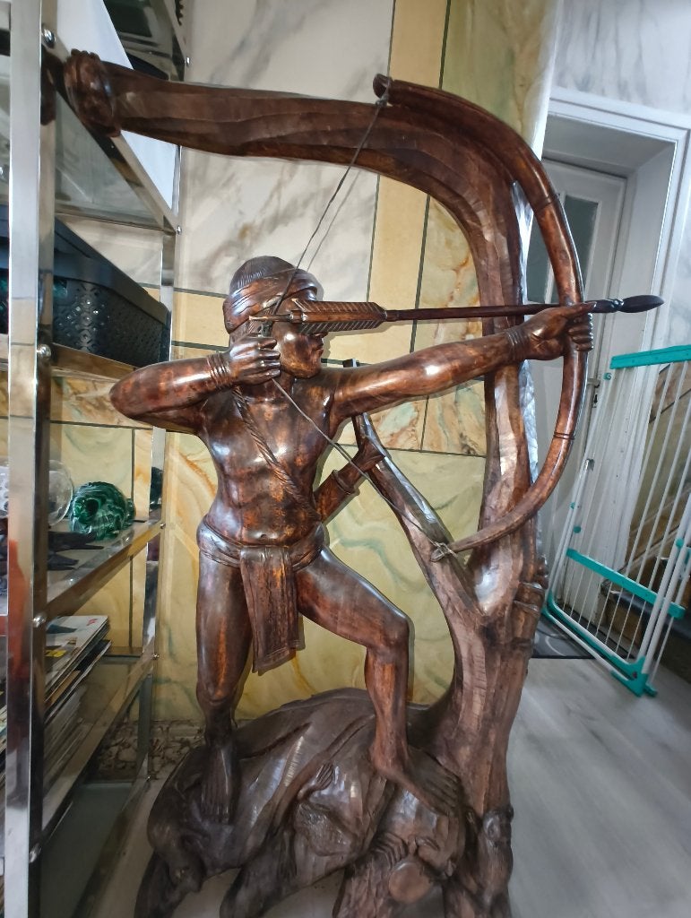Grande statue d'archer en bois dur massif — 130 cm, Antiquités & Art, Statue, Bois, 1 mètre - 2 mètres, Asie