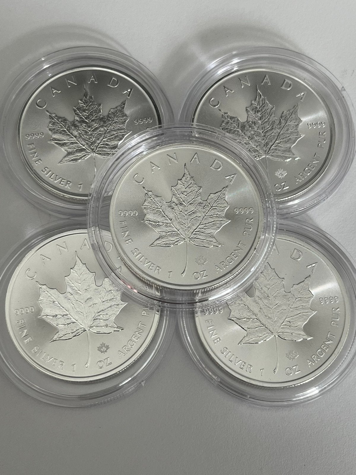 5 maple Leaf zilveren munten 1oz in capsules, Postzegels en Munten, Ophalen of Verzenden, Zilver