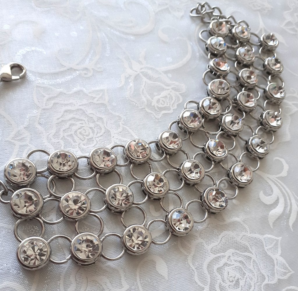 choker chainmaille met witte kristallen, Handtassen en Accessoires, Kettingen, Nieuw, Overige materialen, Zilver, Met strass, Verstelbaar