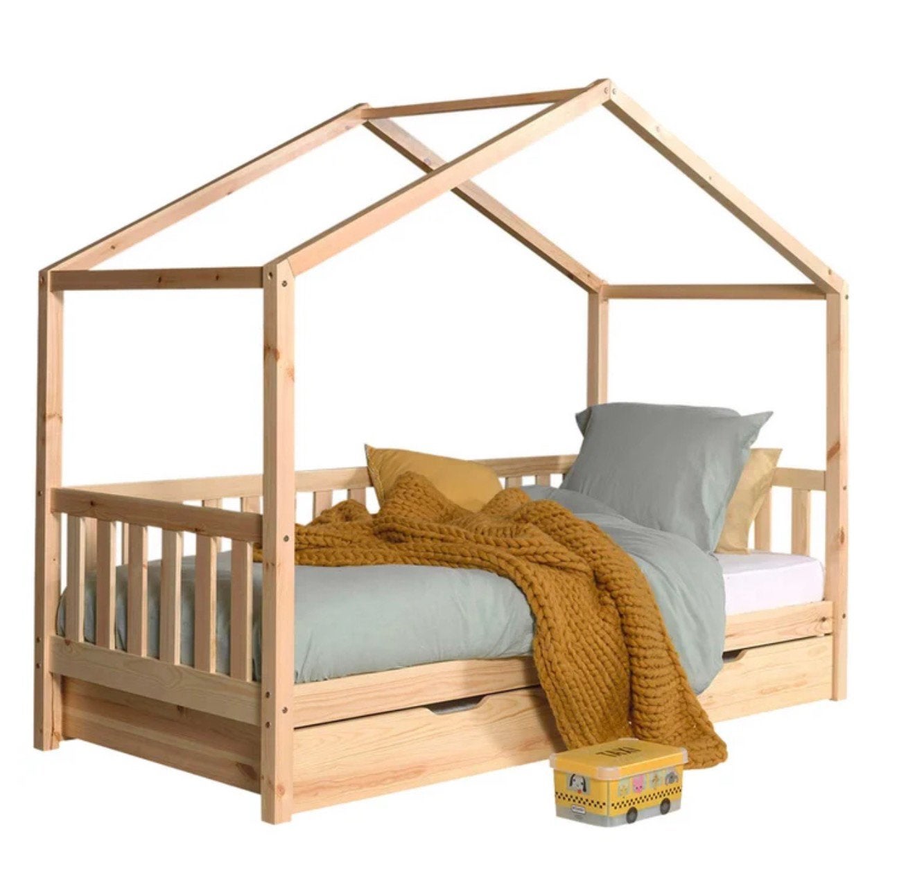 Bedhuisje 200 x 90 met opberglade dennenhout, Sommier à lattes, Enlèvement, 180 cm ou plus, 85 à 100 cm