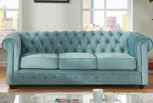 Driezitsbank CHESTERFIELD - velours - pastelblauw, Huis en Inrichting, Ophalen, Zo goed als nieuw