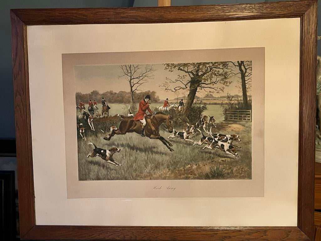 Engels Jachttafereel “Hark Away”, Antiek en Kunst, Ingelijst, Ophalen of Verzenden, Landschap, 74 cm