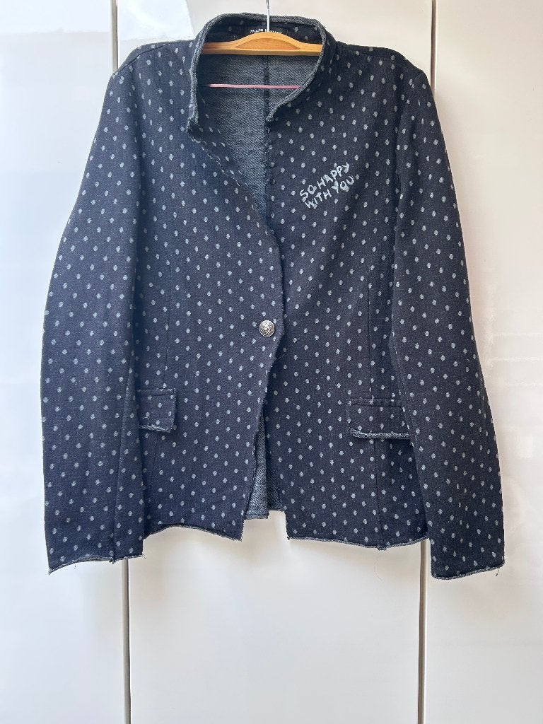 Cardigan gris anthracite à pois Made in Italy - Taille L *', Taille 42/44 (L), Gris, Enlèvement ou Envoi, Comme neuf