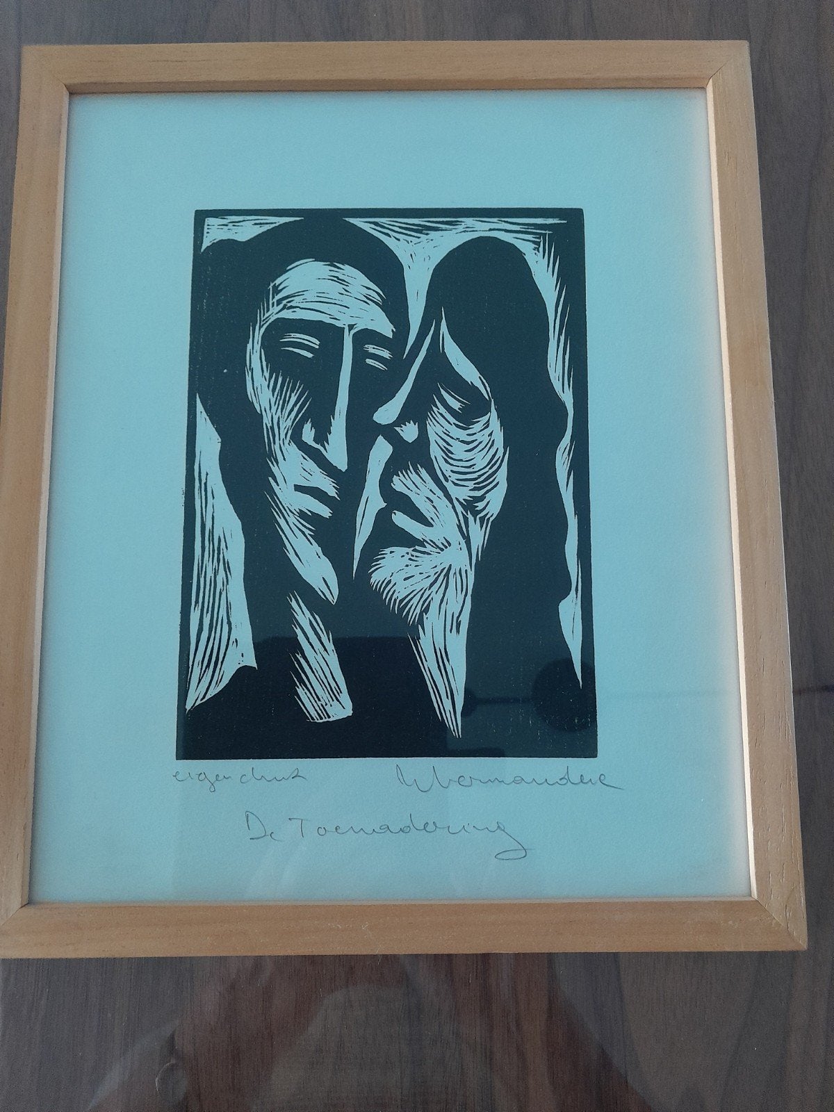 Willem Vermandere - houtsnedewerk 'De toenadering', Antiquités & Art, Enlèvement ou Envoi, Vie quotidienne, Gravure sur bois, Signé
