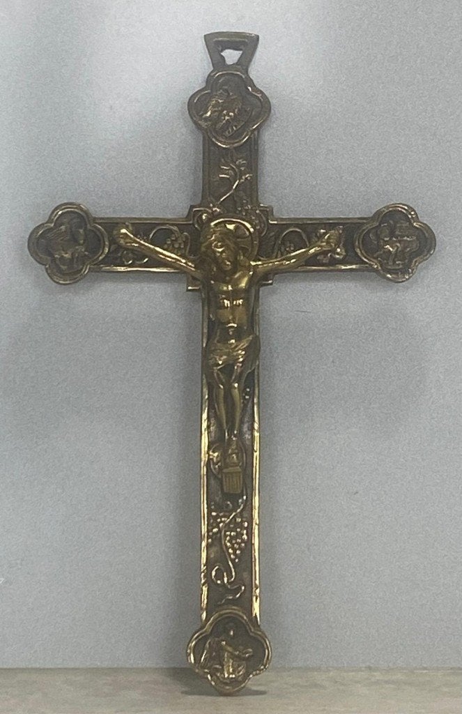 Antiek Koperen Wandkruisbeeld met Vier Evangelisten ..., Antiek en Kunst, Ophalen