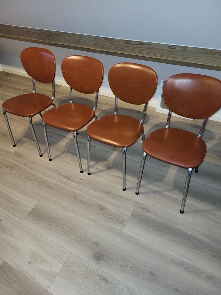 Stoelen, vintage, 4 stuks, skai bekleding cognac kleur, Huis en Inrichting, Stoelen, Ophalen