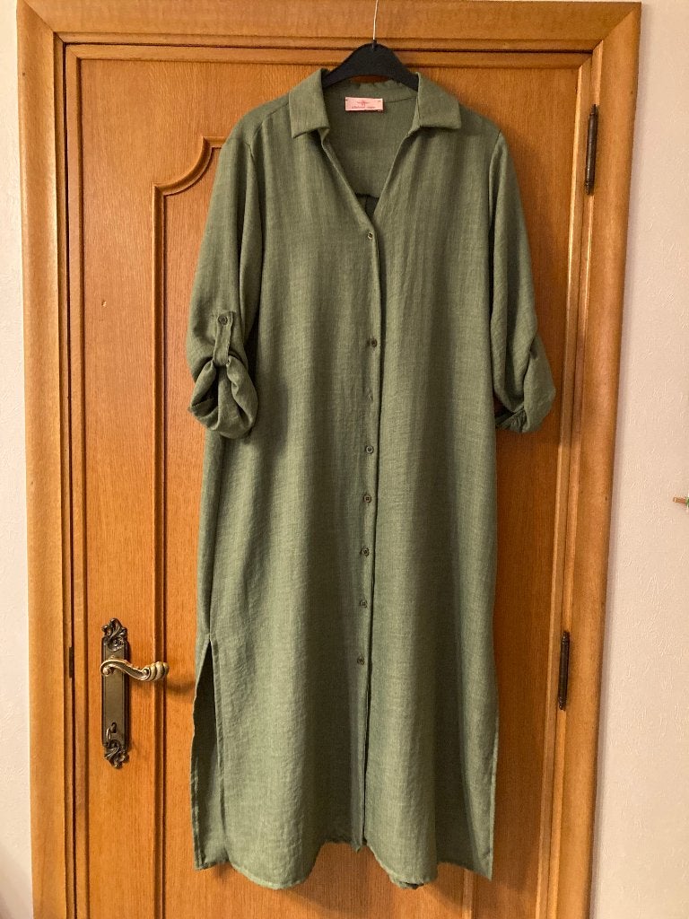 Kaki lang kleed, merk : Michael John, taille unique, Kleding | Dames, Ophalen of Verzenden, Zo goed als nieuw, Michael John, Onder de knie