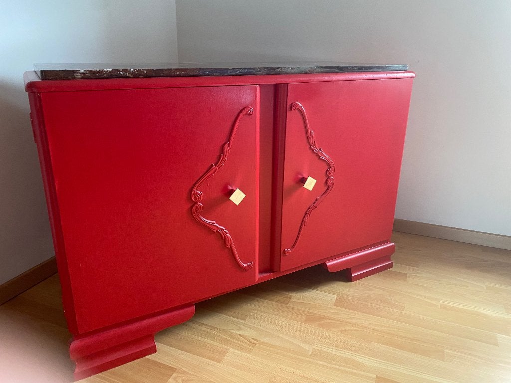 Retro (brocante) kastje rood m marmeren blad, Huis en Inrichting, Ophalen, 100 tot 150 cm, Overige houtsoorten, Retro - Vintage