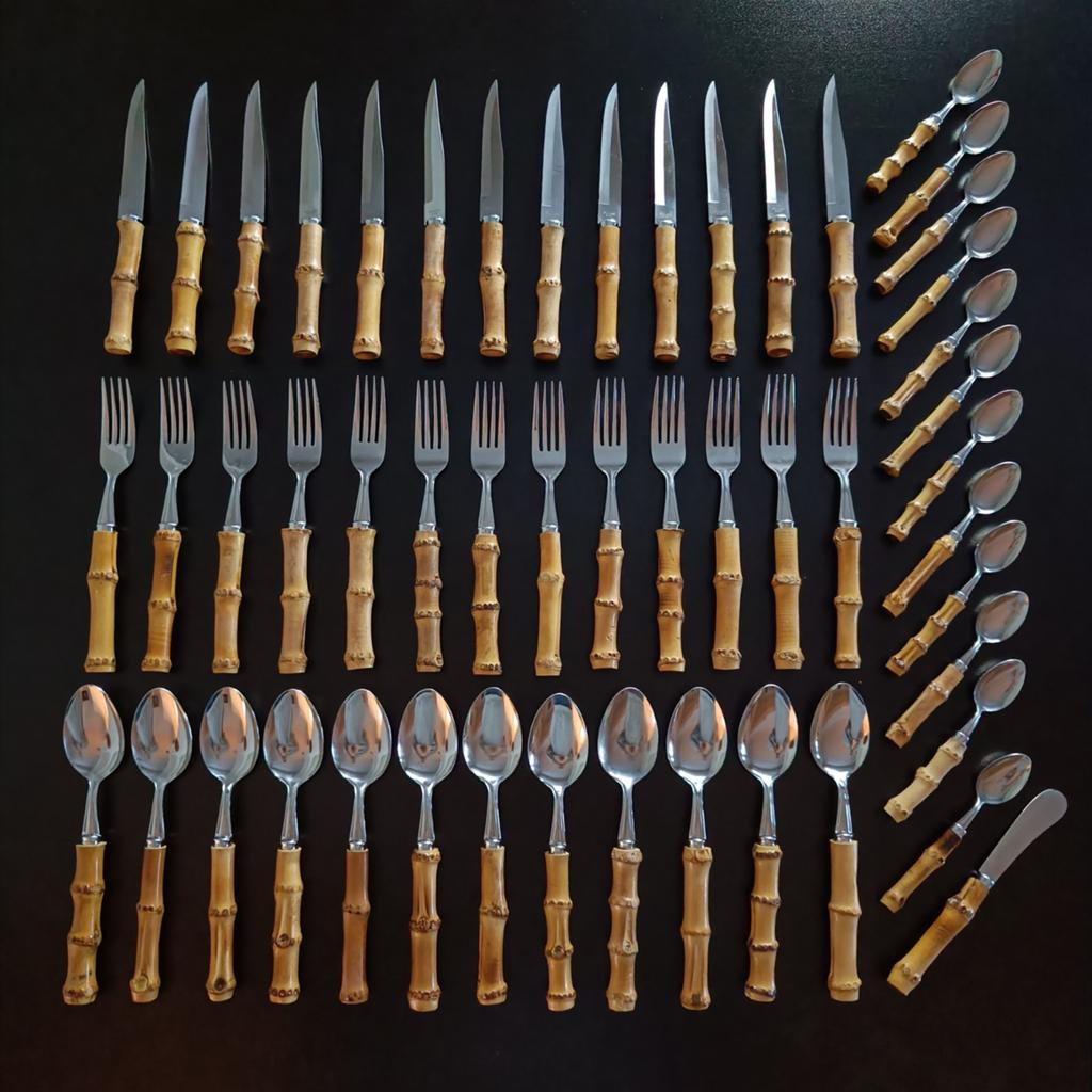 Vintage stainless steel bamboe bestek - 51stuks., Antiek en Kunst, Ophalen of Verzenden