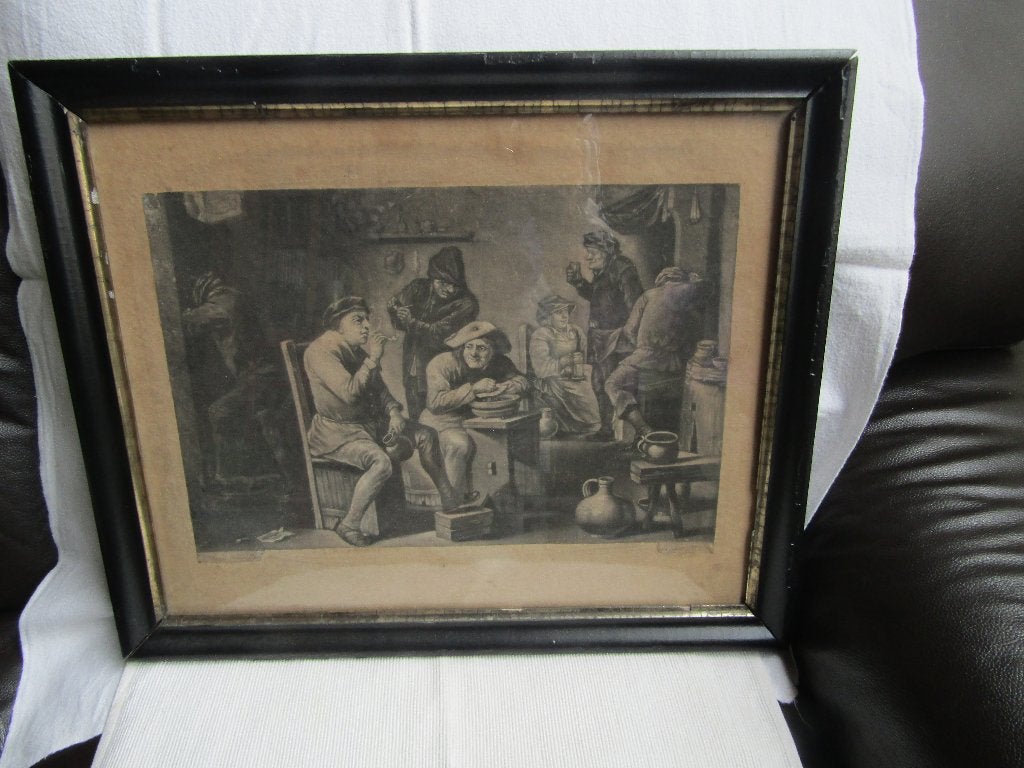 Oude gravure „La Tabagie” David Teniers de Jongere, Ophalen of Verzenden