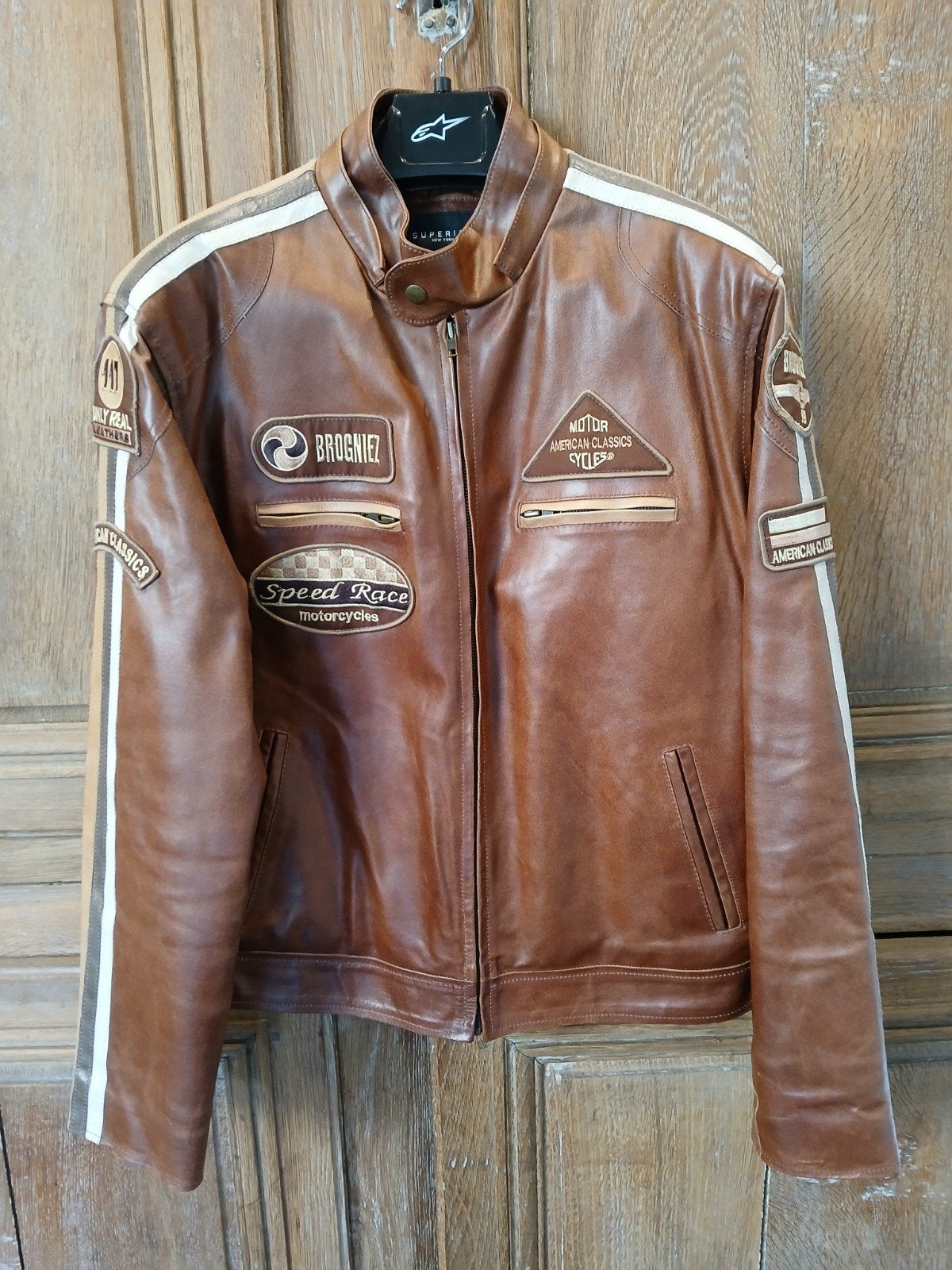 Blouson en cuir brun style biker, Ophalen, Maat 52/54 (L), Bruin, Superior