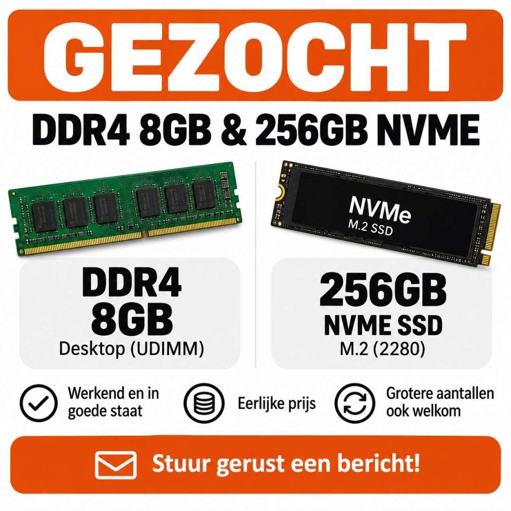 Gezocht! 256GB NVME SSD's & 8GB DDR4 DIMM, Niet ingevuld, Enlèvement ou Envoi, DDR4, Niet ingevuld