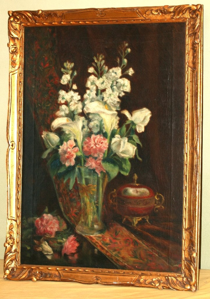 De Schepper Schilderij 1928 Olie op doek, Antiek en Kunst, Bloemen, Gedateerd, Doek, Ophalen of Verzenden