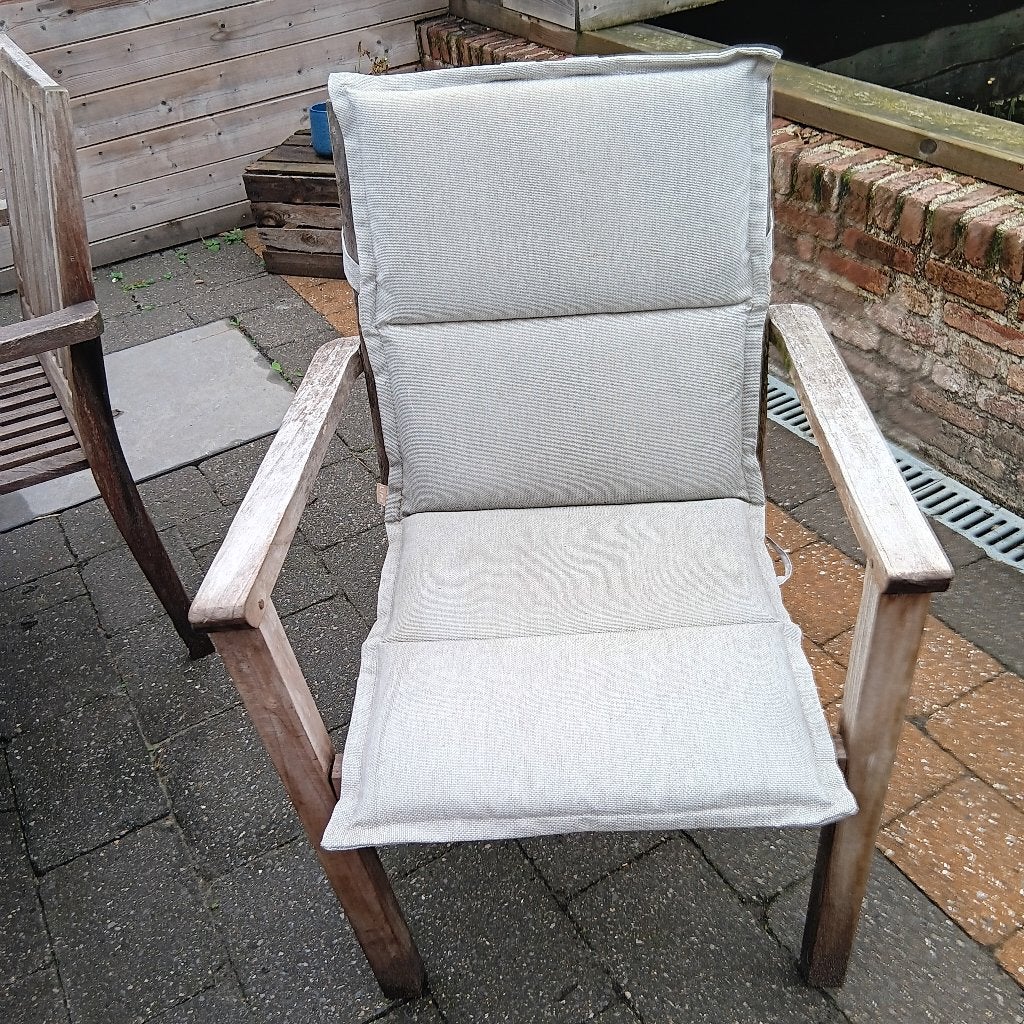 6 teakhouten tuinstoelen met bijhorende kussens, Tuin en Terras, Ophalen, Gebruikt, Teakhout, Stapelbaar