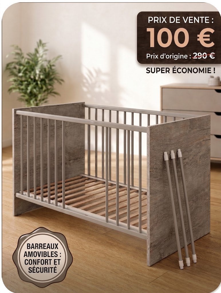 Lit bébé évolutif 1m40 + sommier, Neuf, 70 à 85 cm, Sommier à lattes, Enlèvement