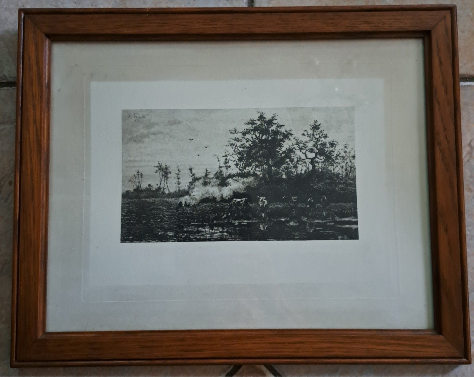 Jules Guiette - Vaches au bord de l'eau, Antiquités & Art, Art | Eaux-fortes & Gravures, Eau-forte, Signé, Encadré, Paysage, 1800 - 1899